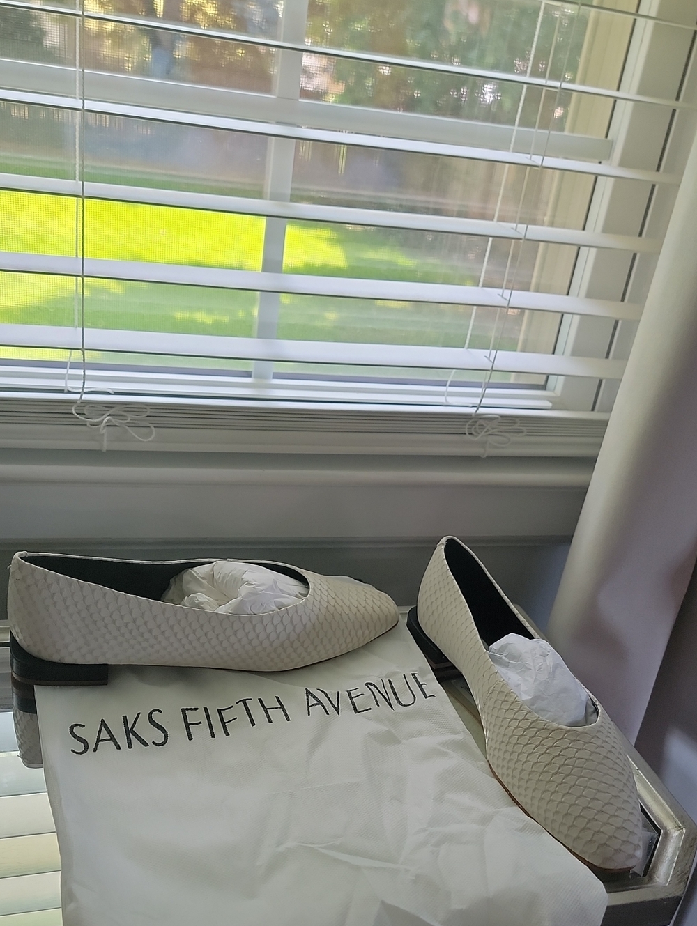 Saks Fifth Avenue Cream Textured Leather Women's Loafers